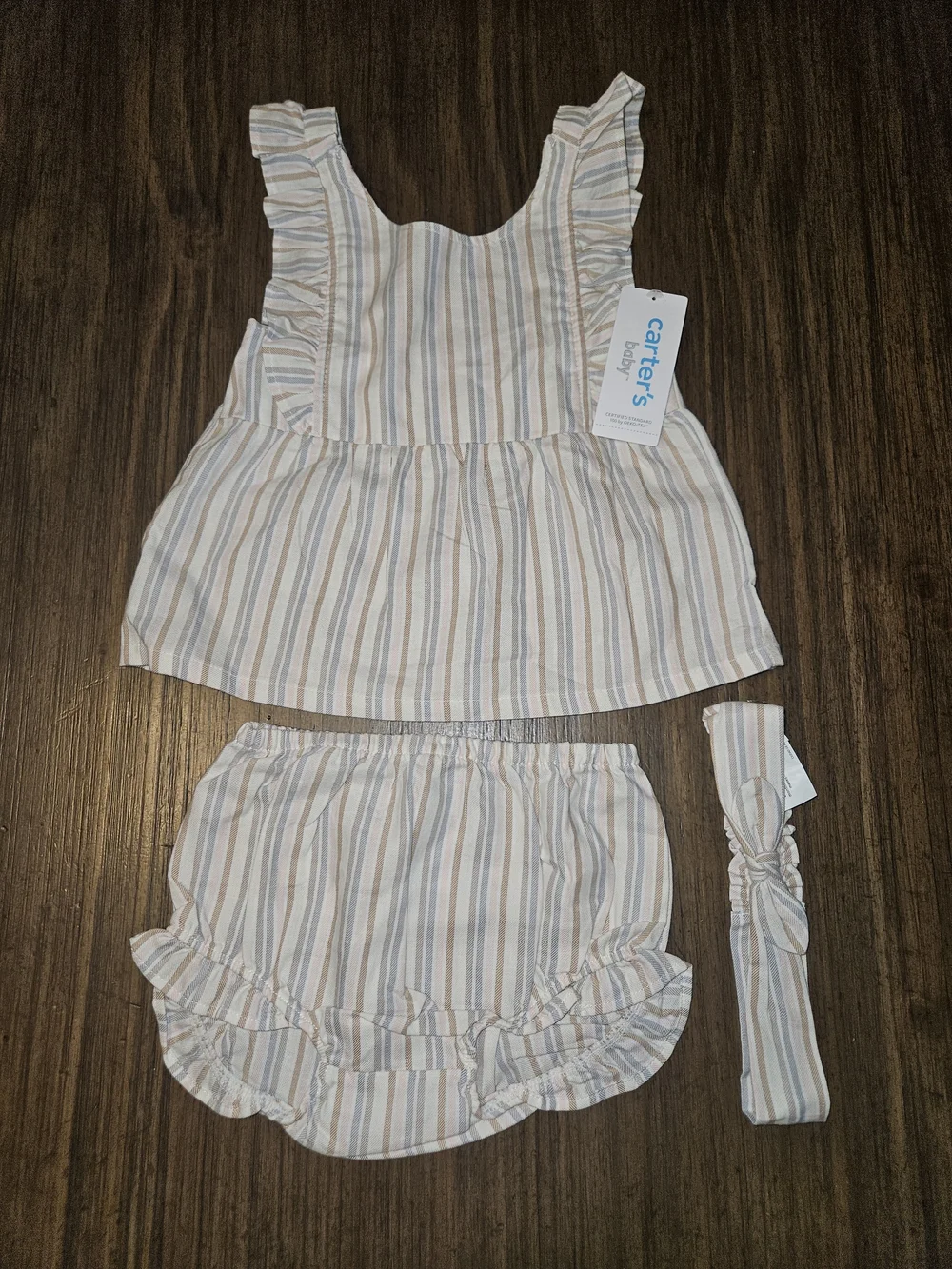 Carter's Cream, Blue & Tan Striped Ruffle 3-Piece Diaper Cover Set
